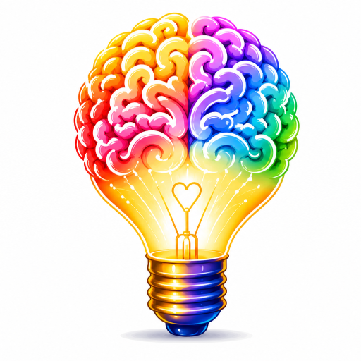Picture of a lightbulb with a rainbow colored brain inside of the lightbulb. In the lower center of the lightbulb is the image of a heart