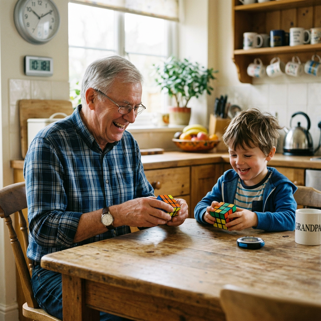 Grandfather and grandson smiling while holding Rubik’s Cubes at kitchen table